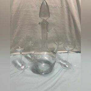 Vintage Toscany Glass Decanter & 4 Glasses Hand Blown Etched Romania